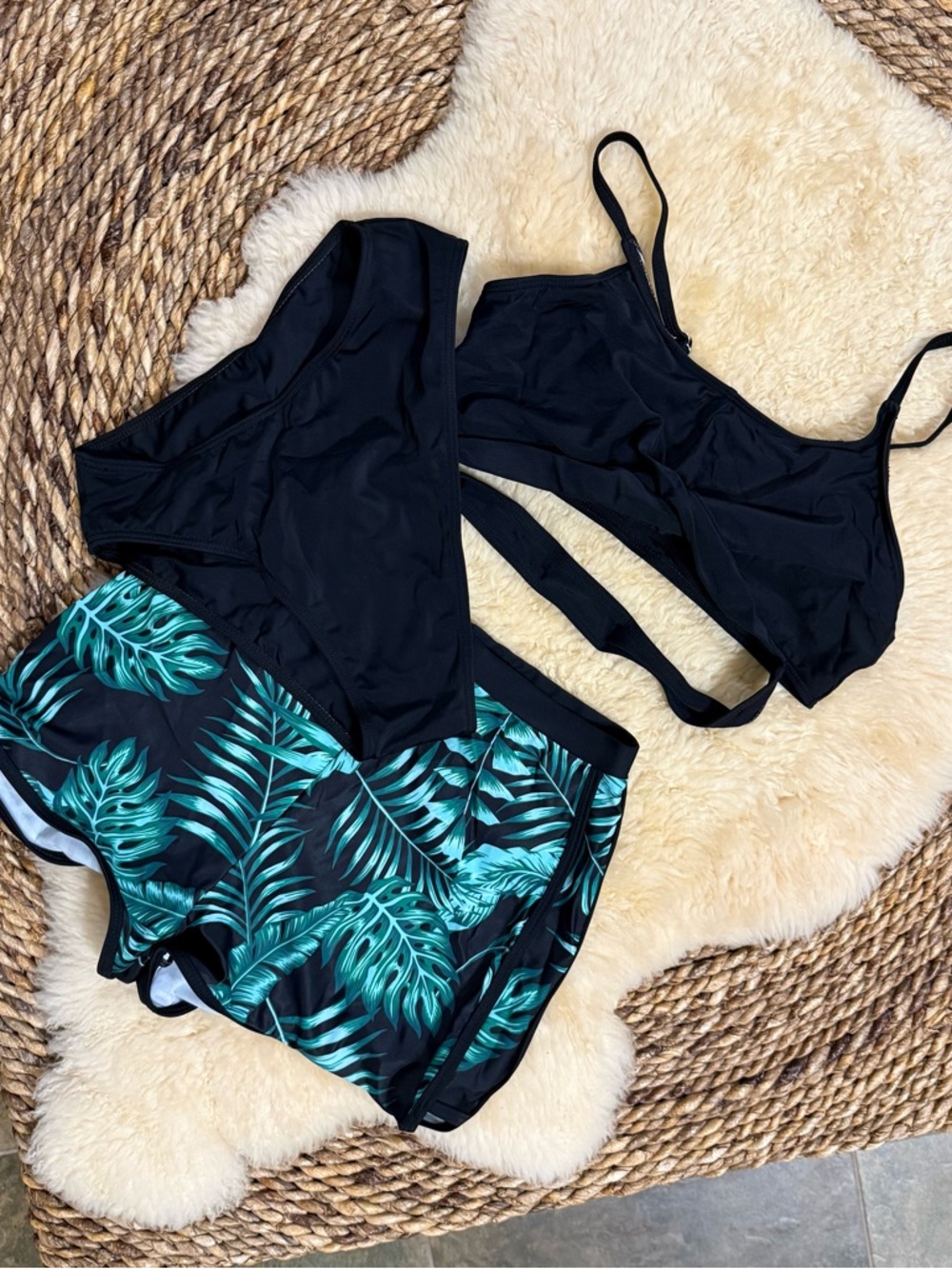 Girls Black & Teal Tropical Three-Piece Swim Set